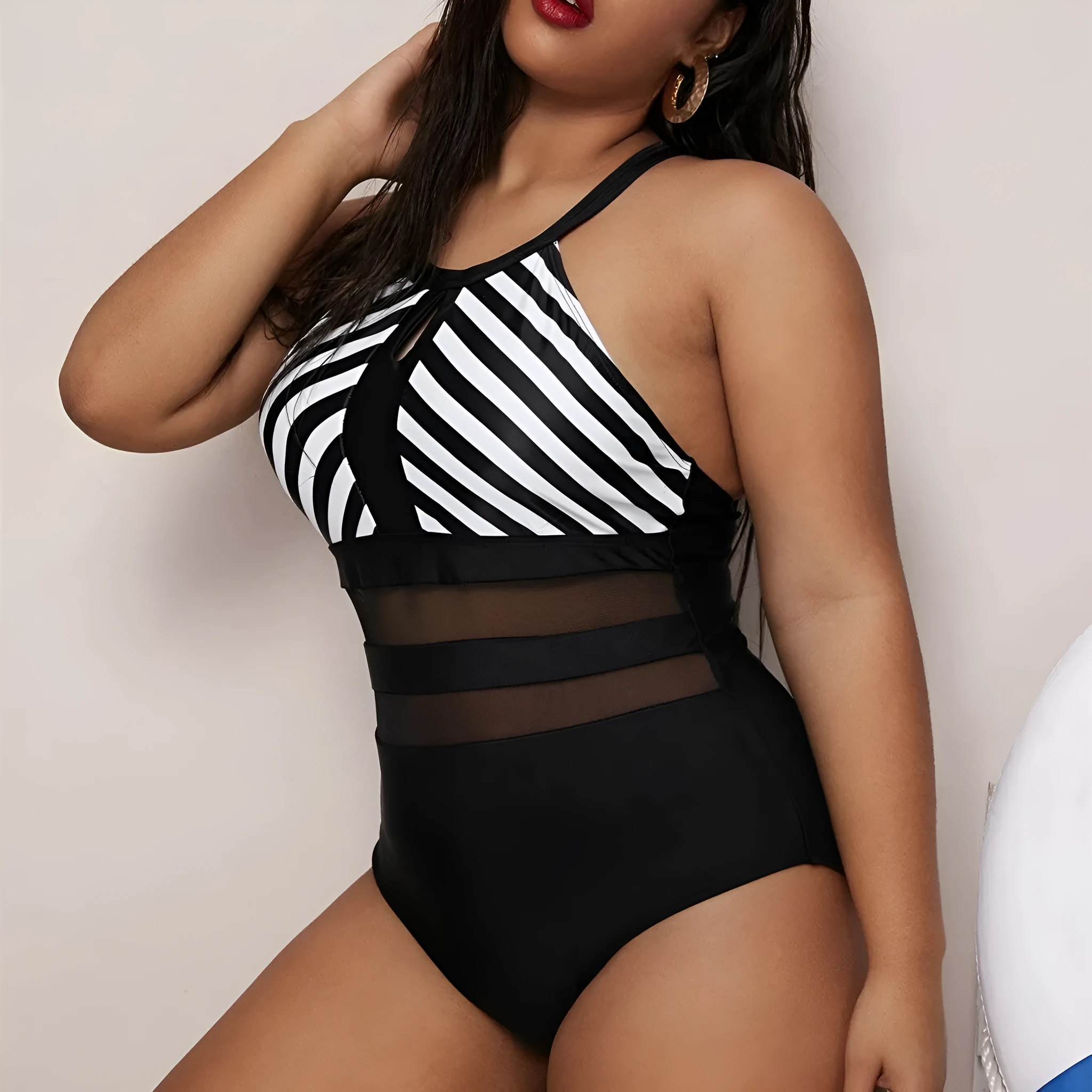 Plus size black backless one-piece swimsuit with striped stitching for women, polyester fabric