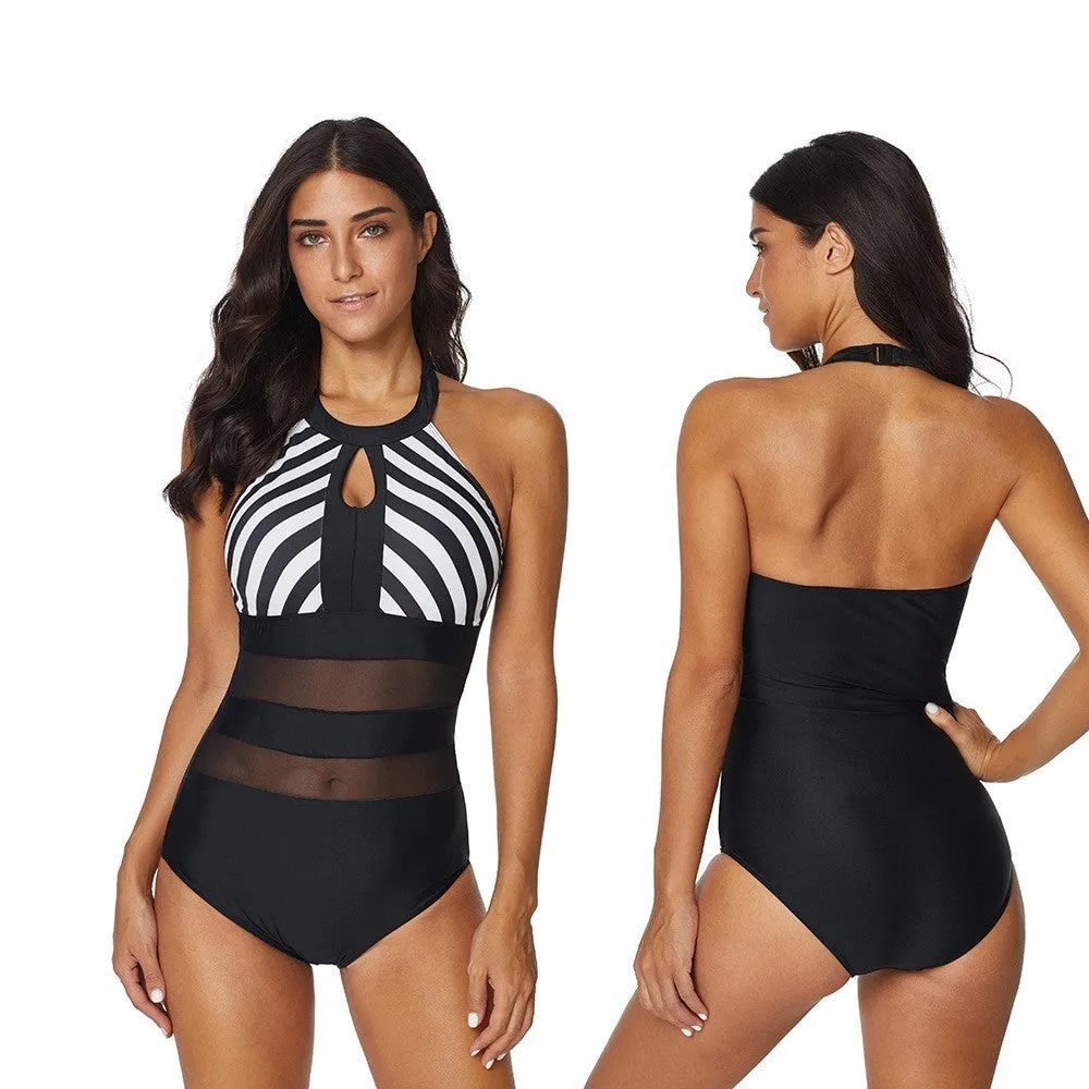 Plus size black backless one-piece swimsuit with striped stitching for women, polyester fabric