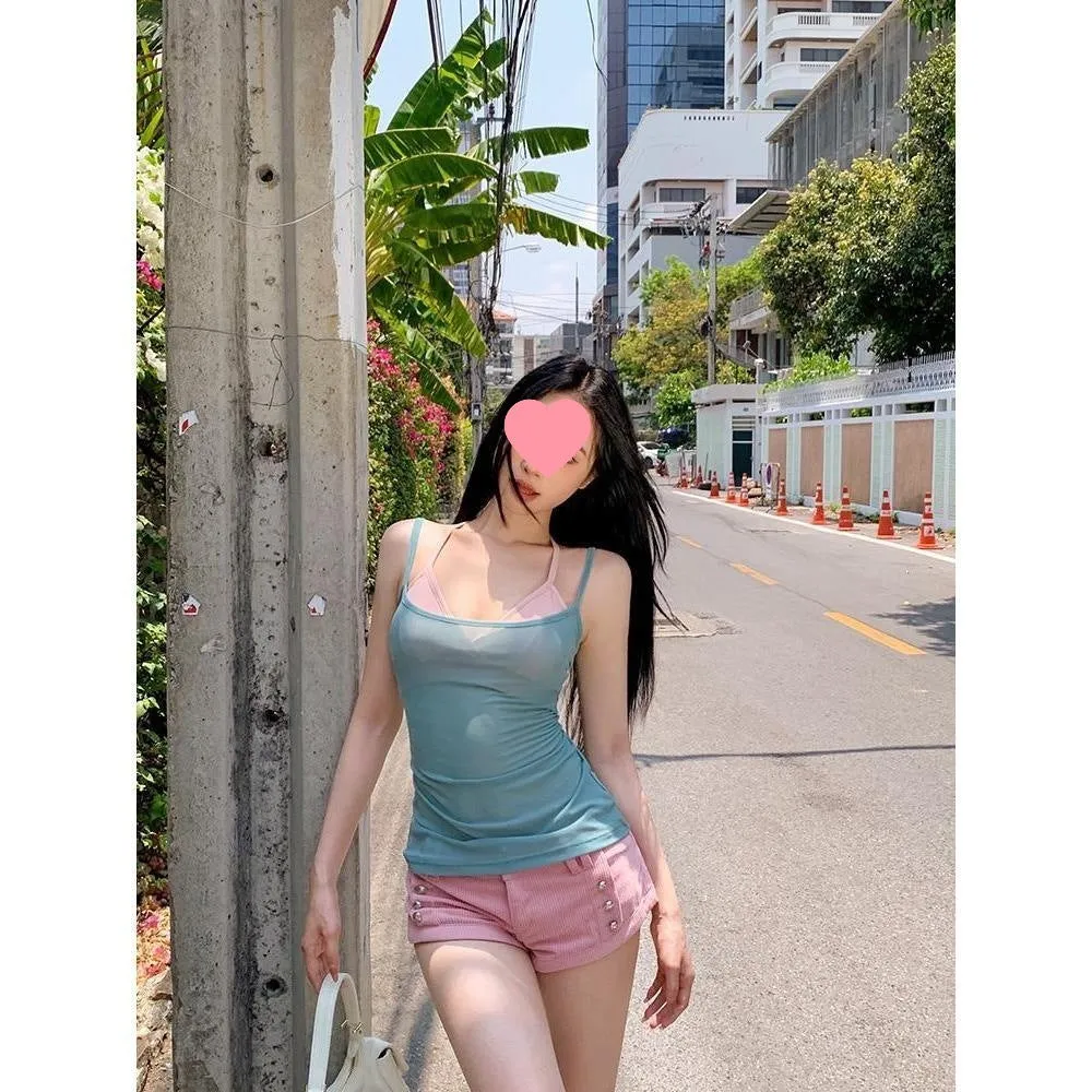 Short see-through sleeveless polyester top outerwear in black bikini colour with open-back design