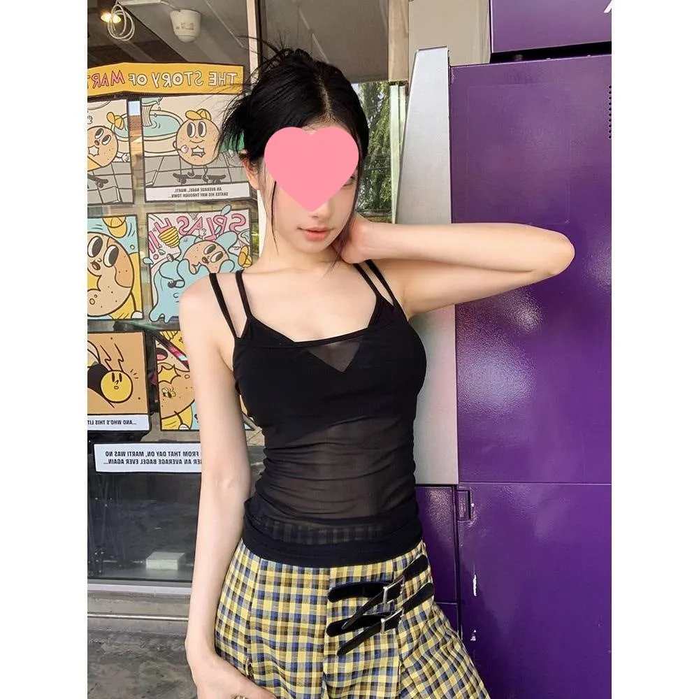 Short see-through sleeveless polyester top outerwear in black bikini colour with open-back design