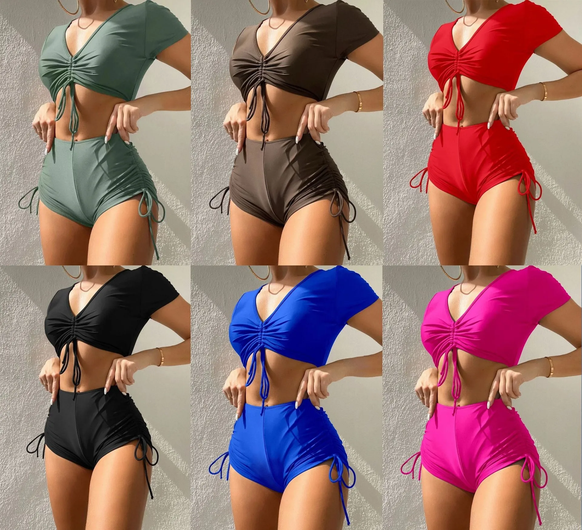 Women's lace-up front swimsuit top with matching shorts in dark green.
