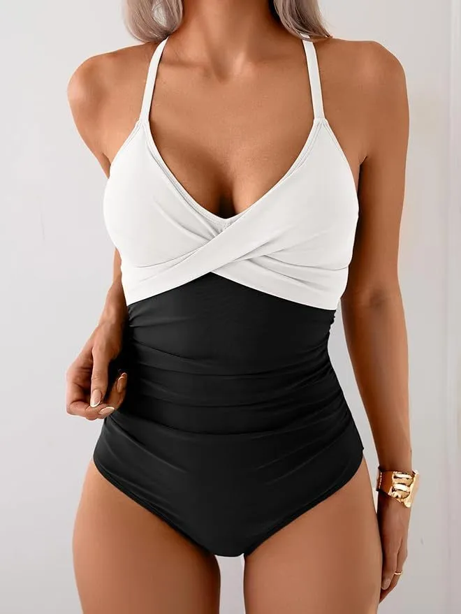 Women's one-piece contrast colour swimsuit in black and white, made from quick-dry nylon and polyester, size XS-6XL