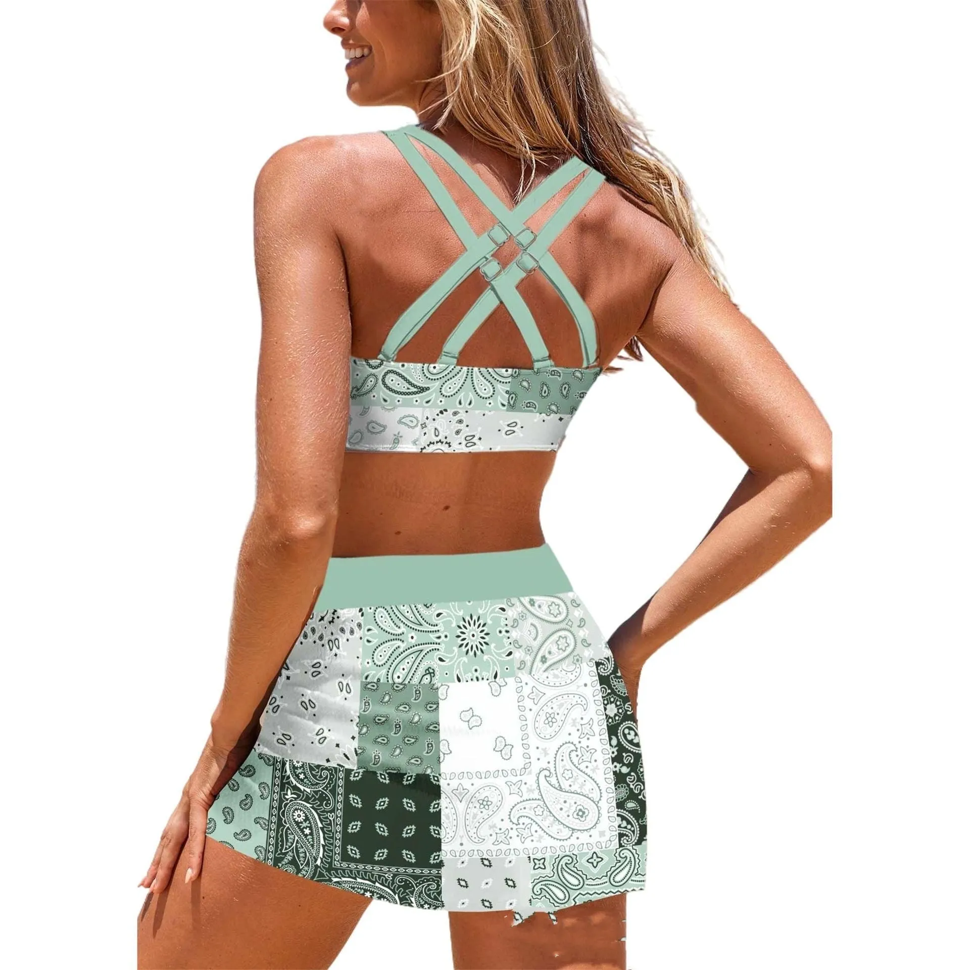 Plus size conservative split swimsuit with boxer bottom in polyester, available in multiple colours