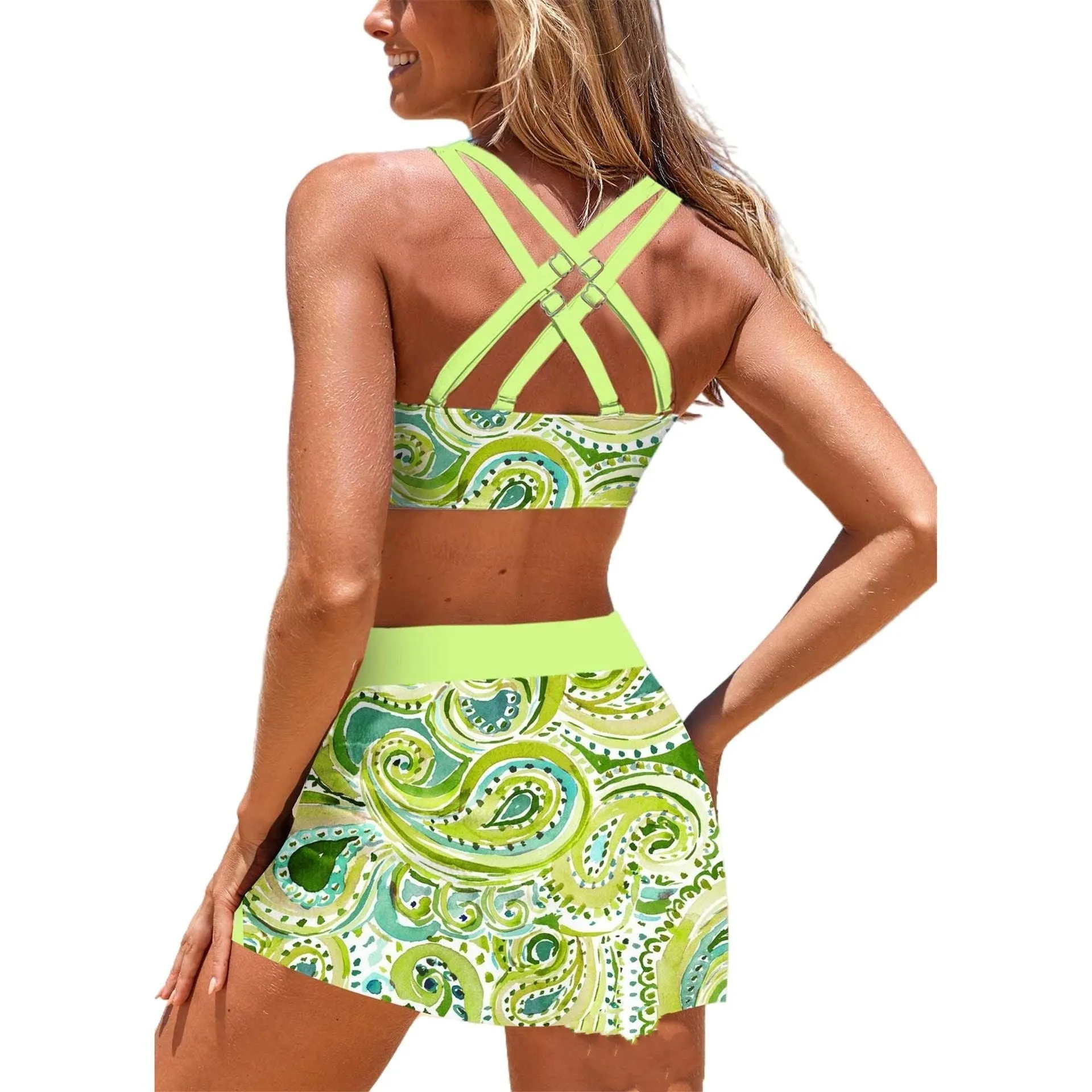 Plus size conservative split swimsuit with boxer bottom in polyester, available in multiple colours