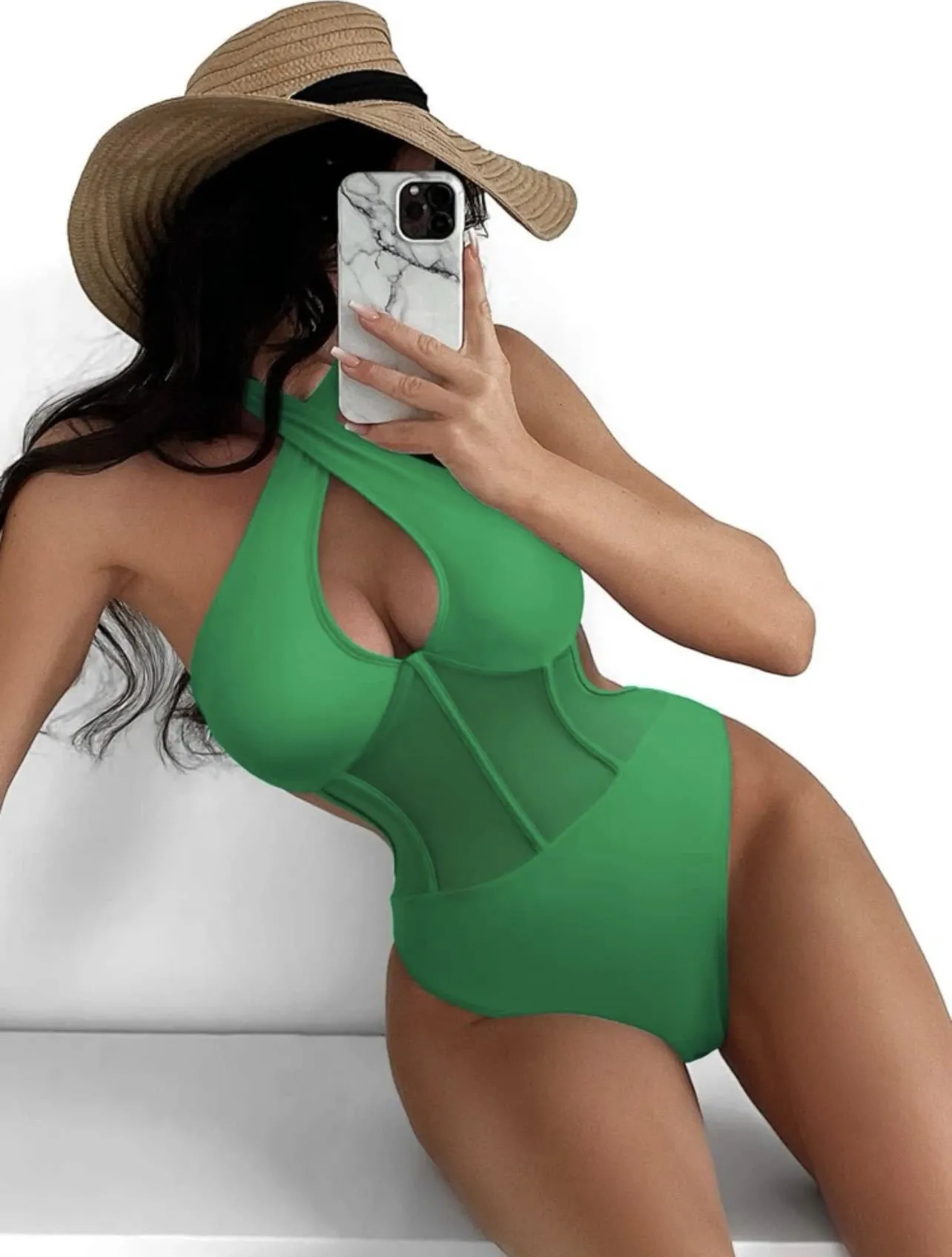 Women's black one-piece swimsuit with spun yarn nylon and spandex fabric on a mannequin.