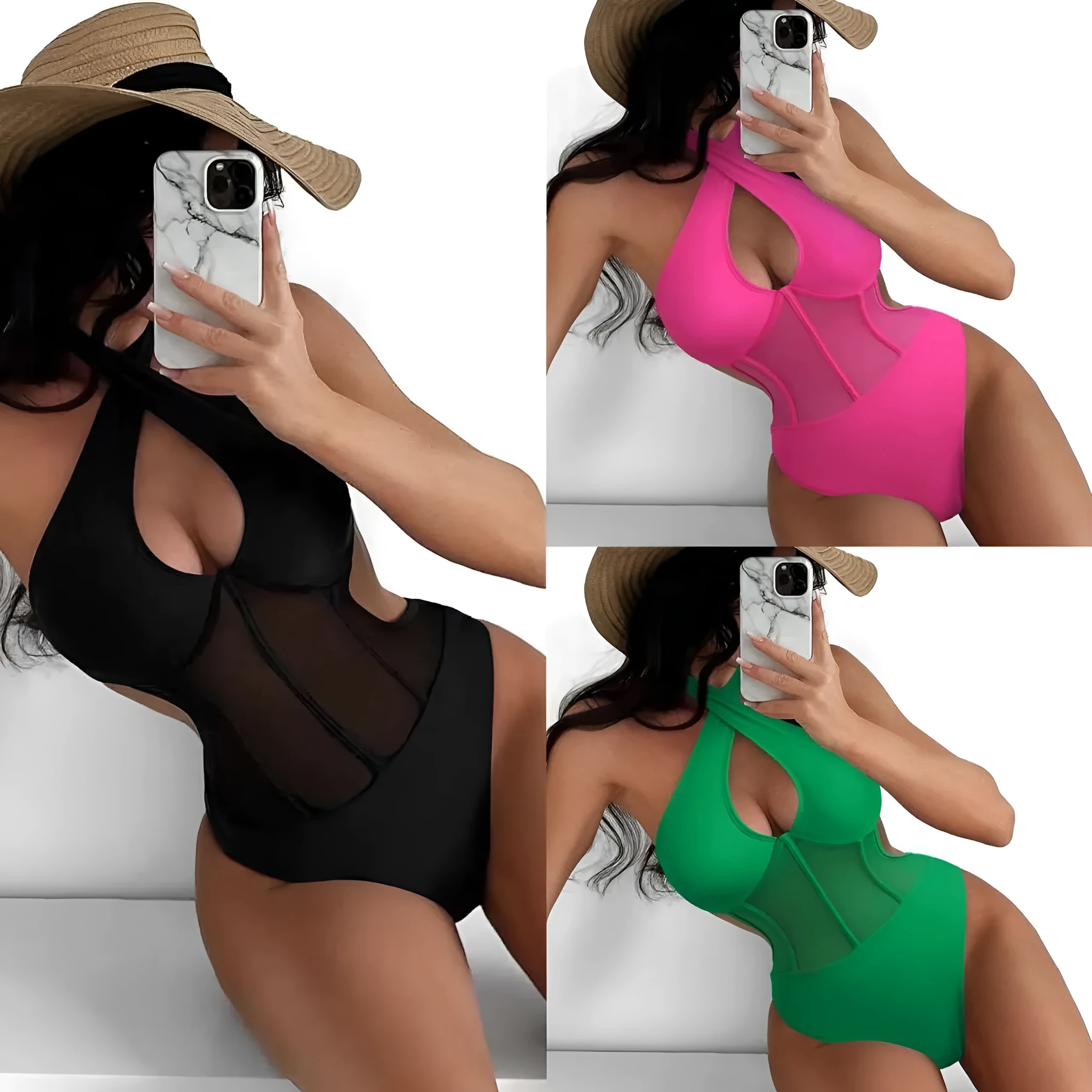 Women's black one-piece swimsuit with spun yarn nylon and spandex fabric on a mannequin.