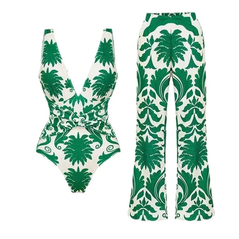 Green one-piece swimsuit with multiple wearing methods, polyester fabric, sleeveless design
