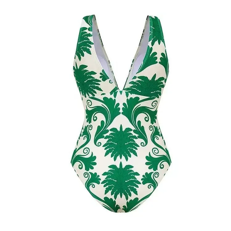 Green one-piece swimsuit with multiple wearing methods, polyester fabric, sleeveless design