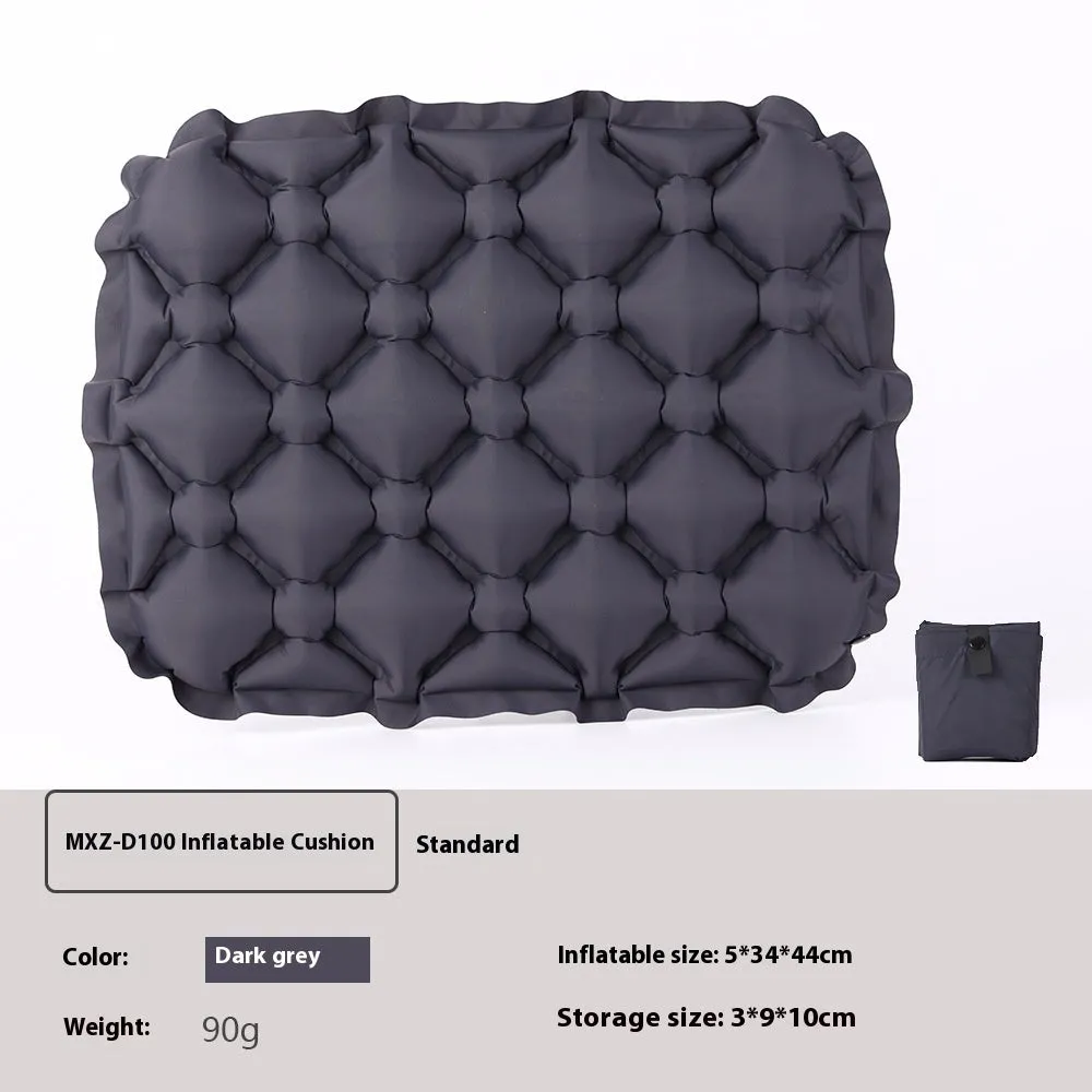 Inflatable camping cushion in grey, 40D nylon TPU, measures 5x34x44cm, lightweight and waterproof for outdoor use
