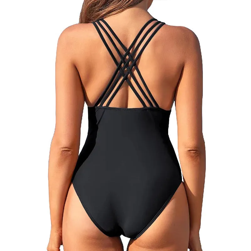 Women's one-piece swimsuit in solid colour with high waist and backless design, nylon fabric, available in multiple colours