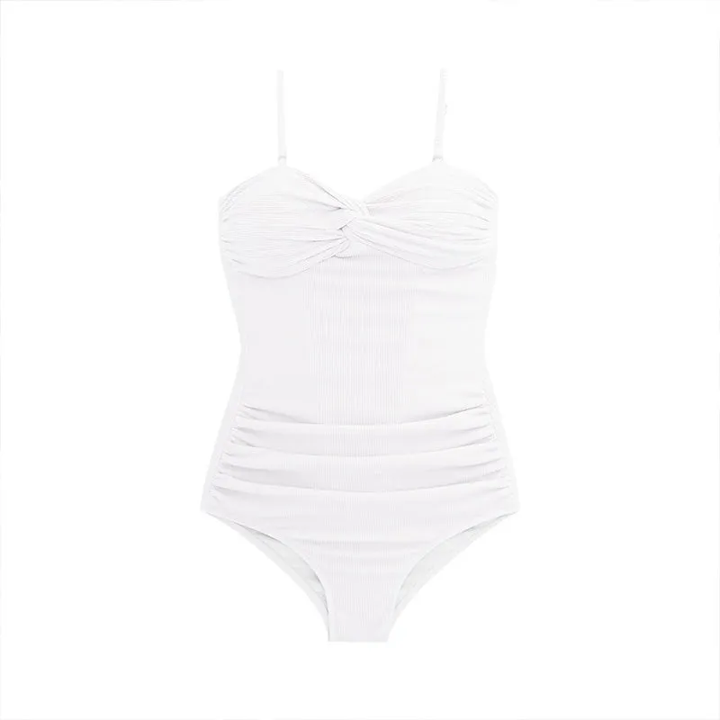 Women's black suspender-style one-piece swimsuit with high-waisted design