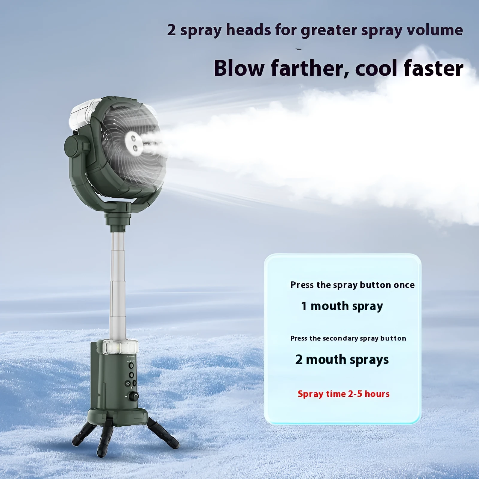 Portable outdoor spray fan with light and remote control in army green colour