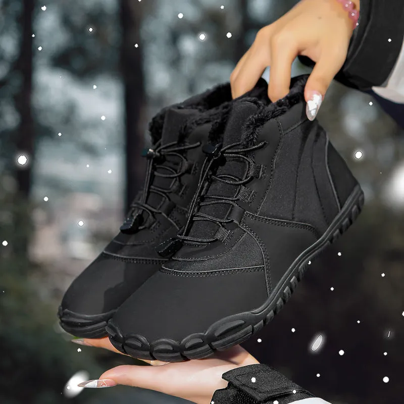 Outdoor snow boots in black, pink, or khaki with front lace-up, round toe, and low heel.