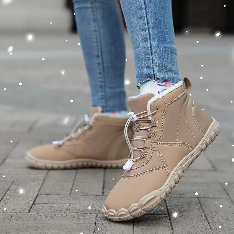 Outdoor snow boots in black, pink, or khaki with front lace-up, round toe, and low heel.