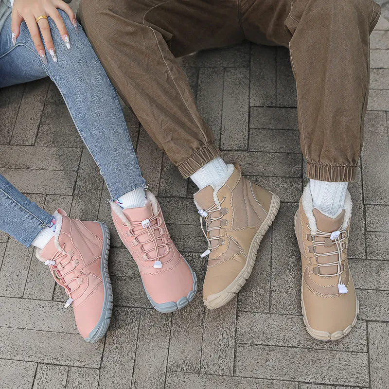 Outdoor snow boots in black, pink, or khaki with front lace-up, round toe, and low heel.