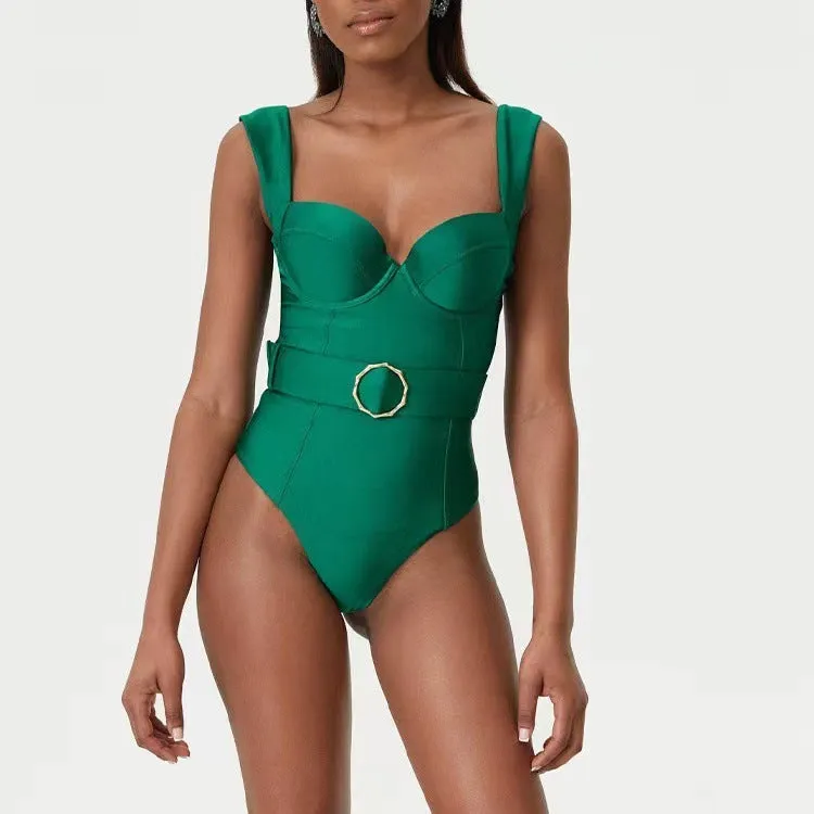 Women's polyester one-piece swimsuit with gauze skirt in double shoulder or oblique shoulder style