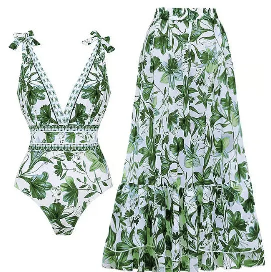 Women's one-piece swimsuit and chiffon dress set with high-waist bikini, solid colour, nylon and polyester, sizes S to XL