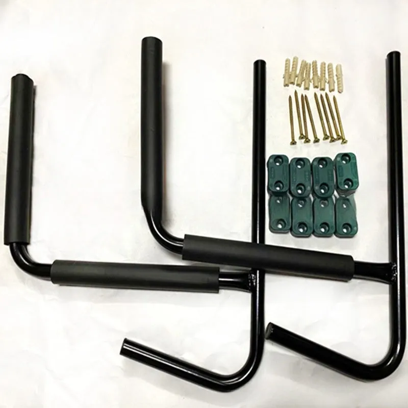 Heavy-duty carbon steel kayak and surfboard wall hanger storage rack.