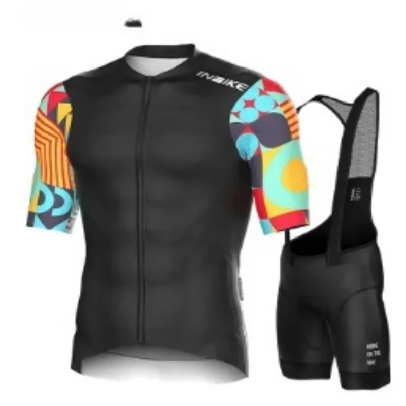 Men's quick-drying cycling suit set in geometric black, chemical fibre blend, top and shorts