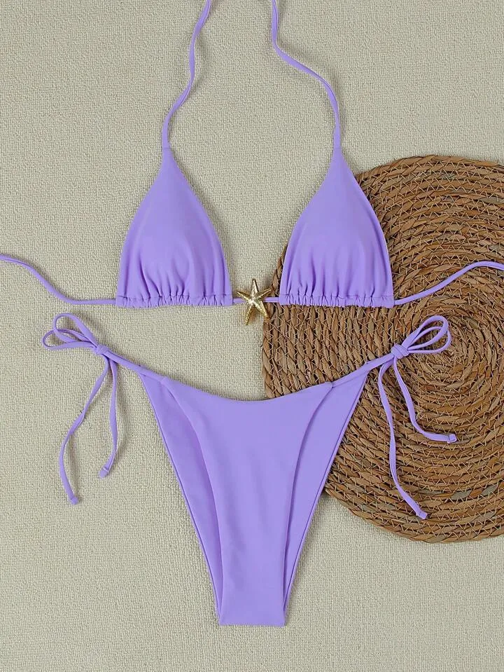 XINGX women's lace-up bikini swimsuit in creamy-white with nylon fabric and brief bottom for beach or hot spring use