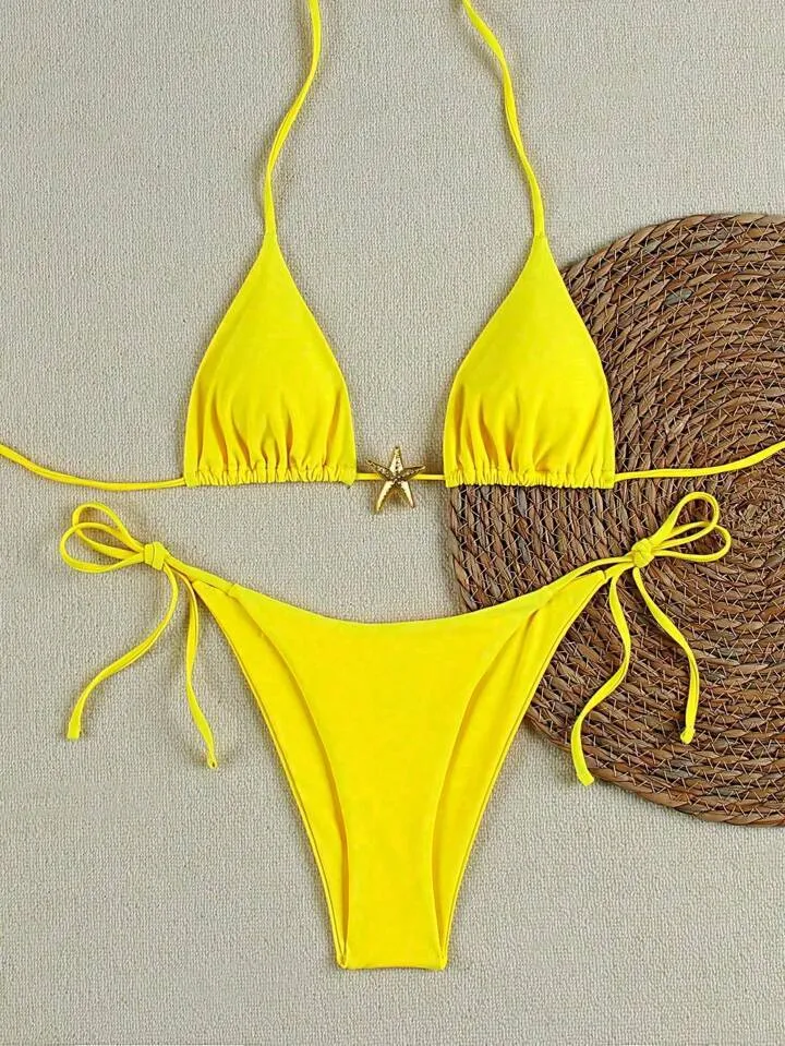 XINGX women's lace-up bikini swimsuit in creamy-white with nylon fabric and brief bottom for beach or hot spring use
