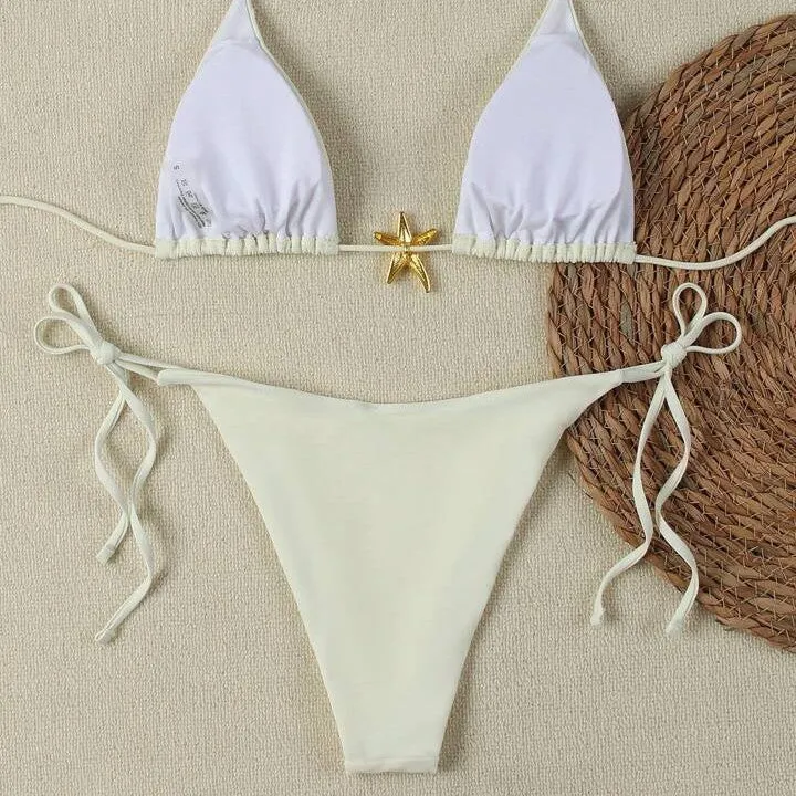 XINGX women's lace-up bikini swimsuit in creamy-white with nylon fabric and brief bottom for beach or hot spring use