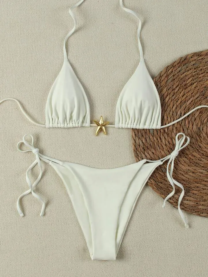 XINGX women's lace-up bikini swimsuit in creamy-white with nylon fabric and brief bottom for beach or hot spring use