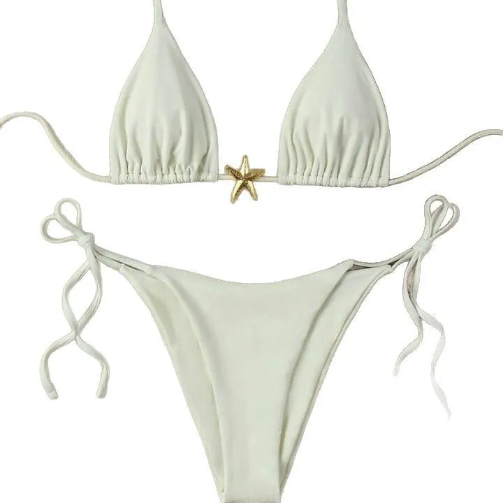 XINGX women's lace-up bikini swimsuit in creamy-white with nylon fabric and brief bottom for beach or hot spring use