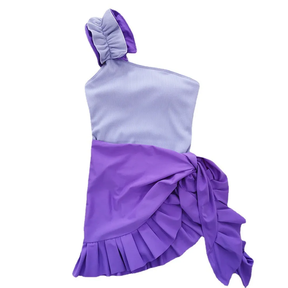 Women's single-shoulder suspender tube top high-waist one-piece swimsuit in solid colour