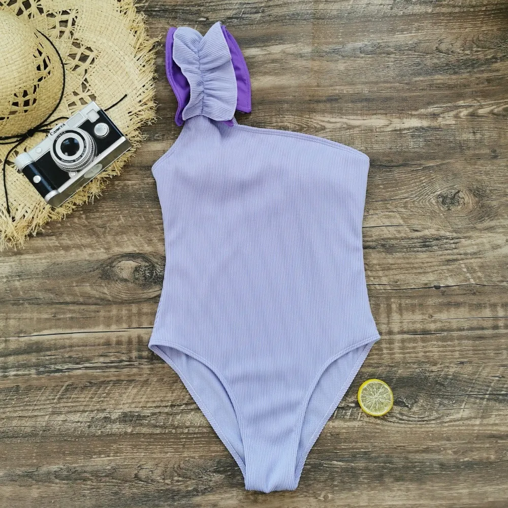 Women's single-shoulder suspender tube top high-waist one-piece swimsuit in solid colour