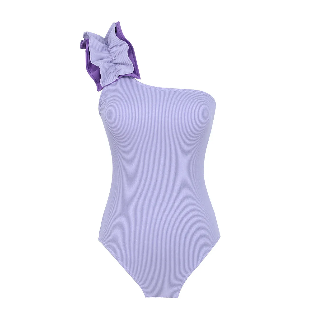 Women's single-shoulder suspender tube top high-waist one-piece swimsuit in solid colour