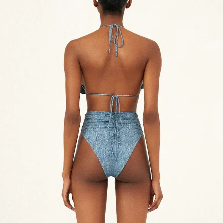 3D flower decoration halter lace-up bikini for women, polyester fabric, briefs style, sleeveless
