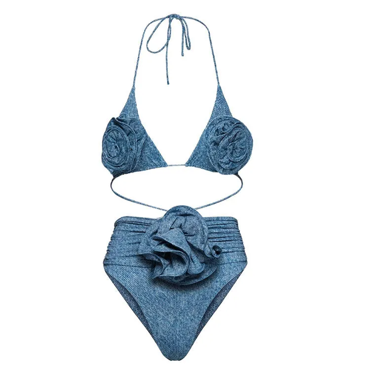 3D flower decoration halter lace-up bikini for women, polyester fabric, briefs style, sleeveless