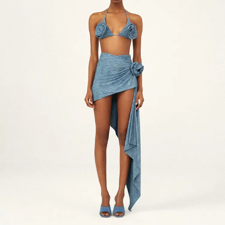 3D flower decoration halter lace-up bikini for women, polyester fabric, briefs style, sleeveless