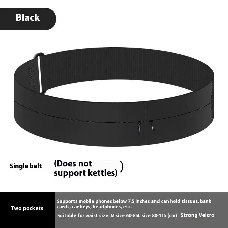 Black running waist bag with nylon fabric, two pockets, and 300ml kettle on white background