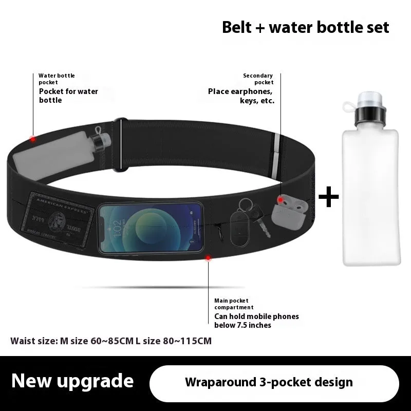 Black running waist bag with nylon fabric, two pockets, and 300ml kettle on white background