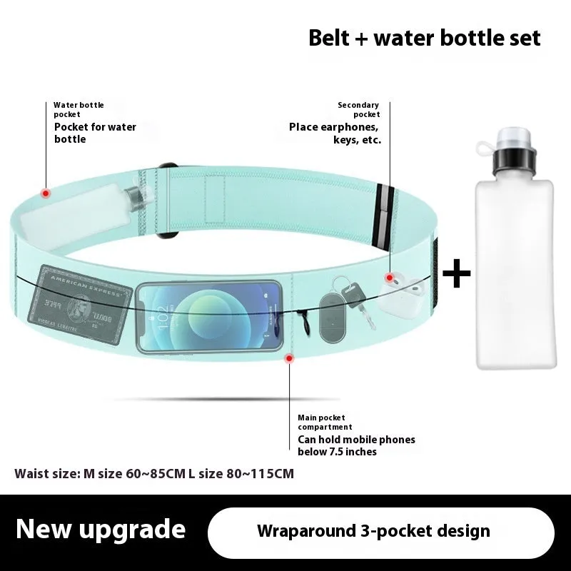 Black running waist bag with nylon fabric, two pockets, and 300ml kettle on white background