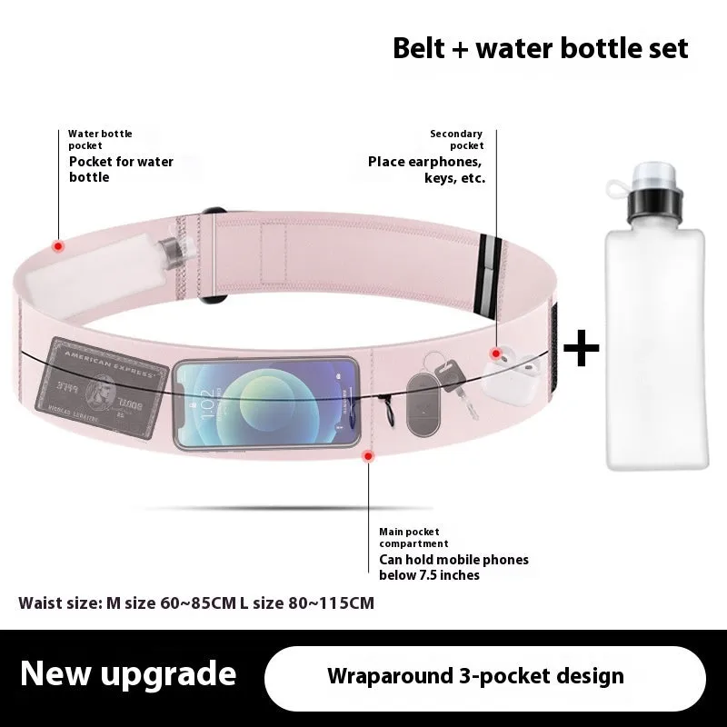 Black running waist bag with nylon fabric, two pockets, and 300ml kettle on white background