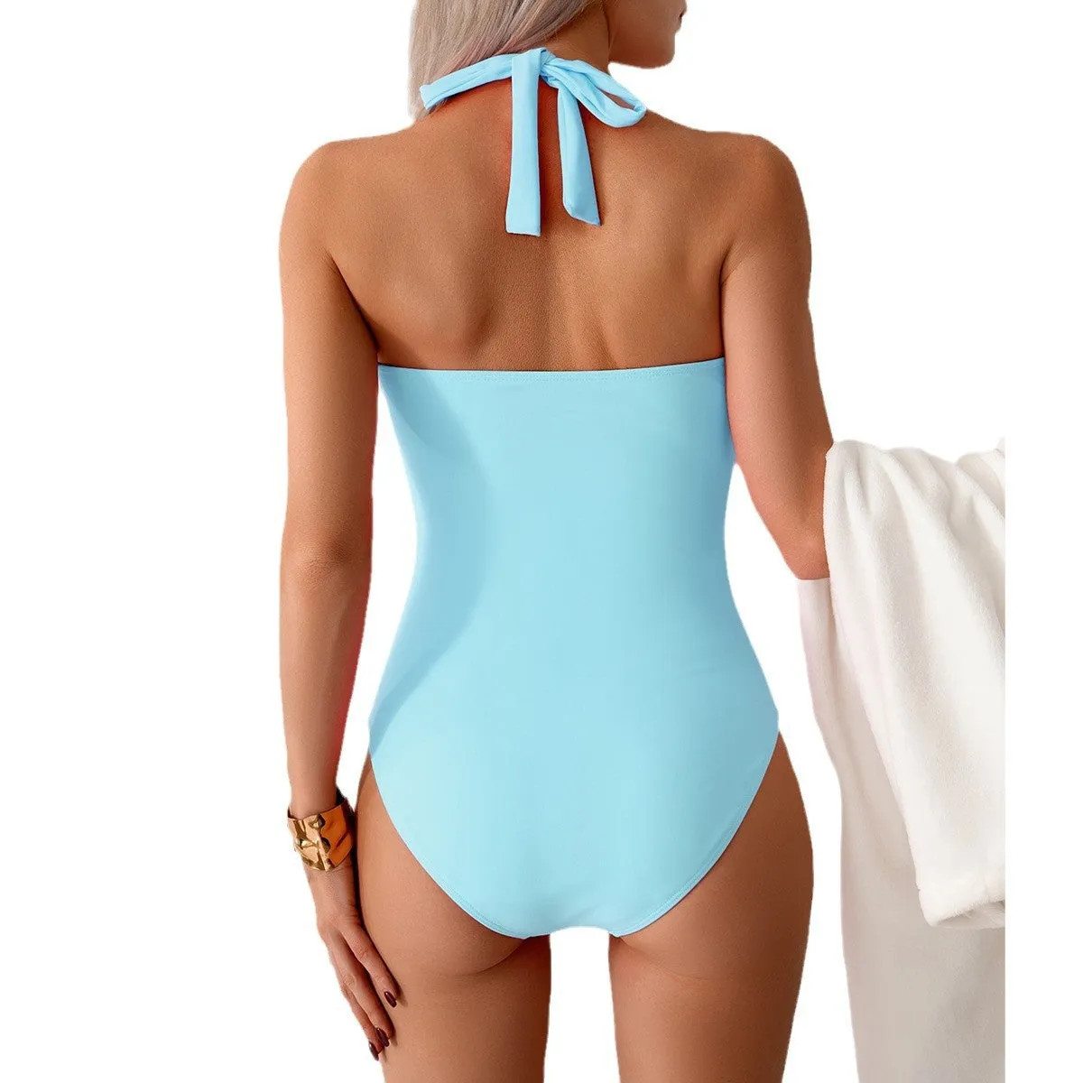 Women's solid colour one-piece swimsuit jumpsuit in nylon and spandex, available in multiple colours and sizes S to 2XL