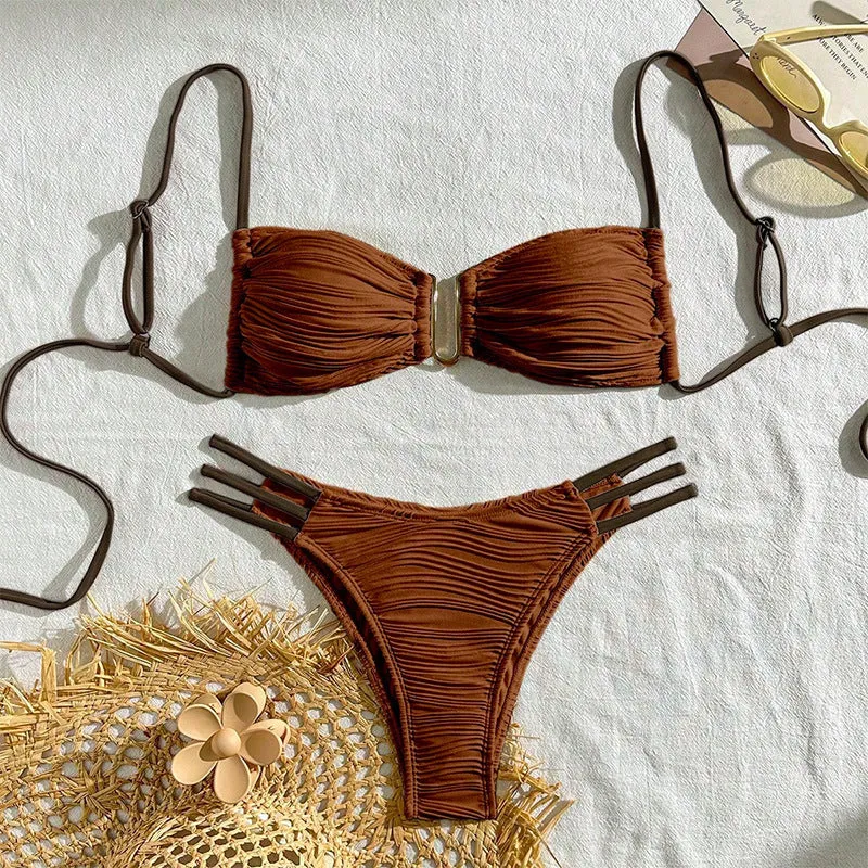 Women's polyester three-point bikini set in striped pattern, khaki and white colours, front view