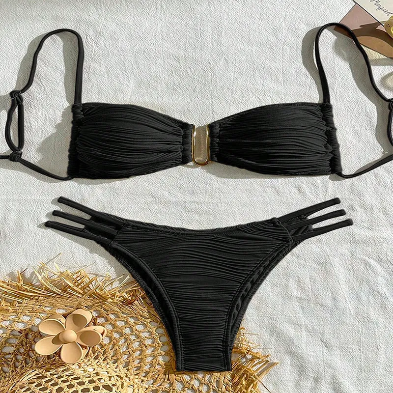 Women's polyester three-point bikini set in striped pattern, khaki and white colours, front view