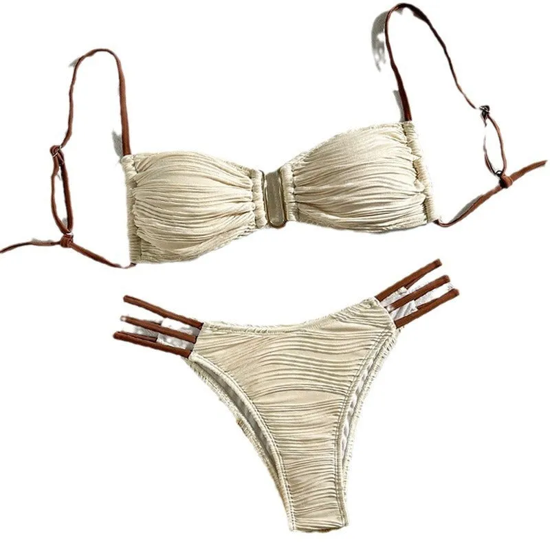 Women's polyester three-point bikini set in striped pattern, khaki and white colours, front view
