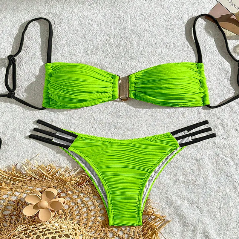 Women's polyester three-point bikini set in striped pattern, khaki and white colours, front view