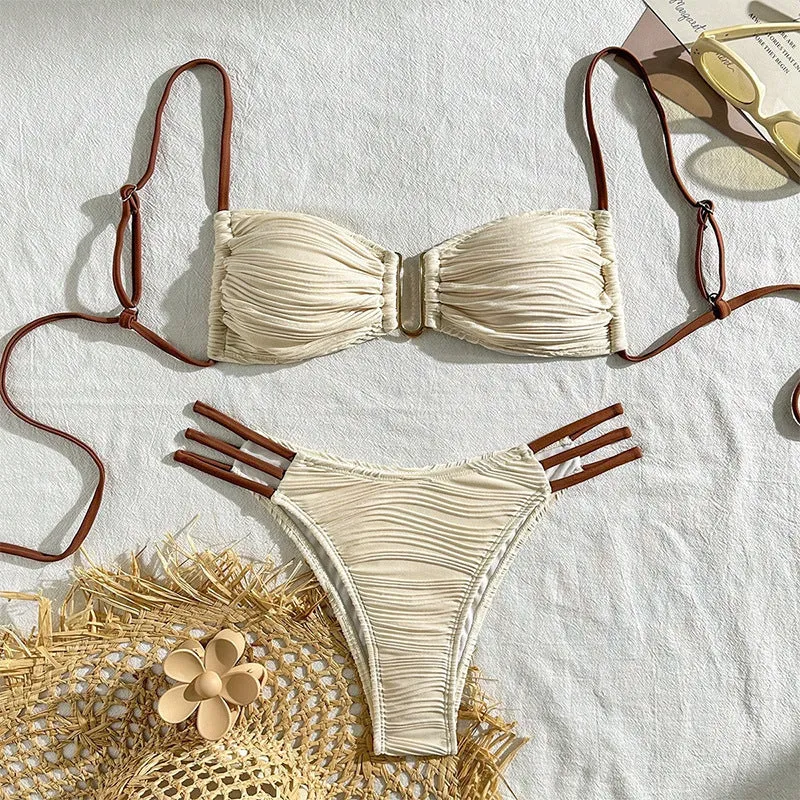 Women's polyester three-point bikini set in striped pattern, khaki and white colours, front view