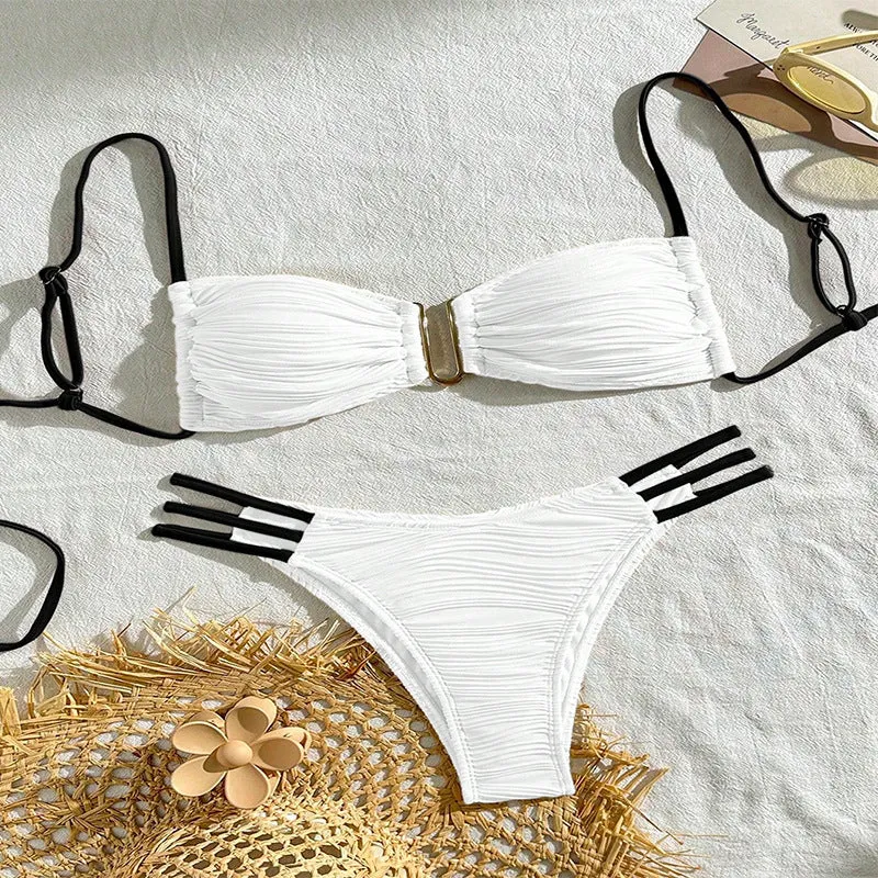 Women's polyester three-point bikini set in striped pattern, khaki and white colours, front view