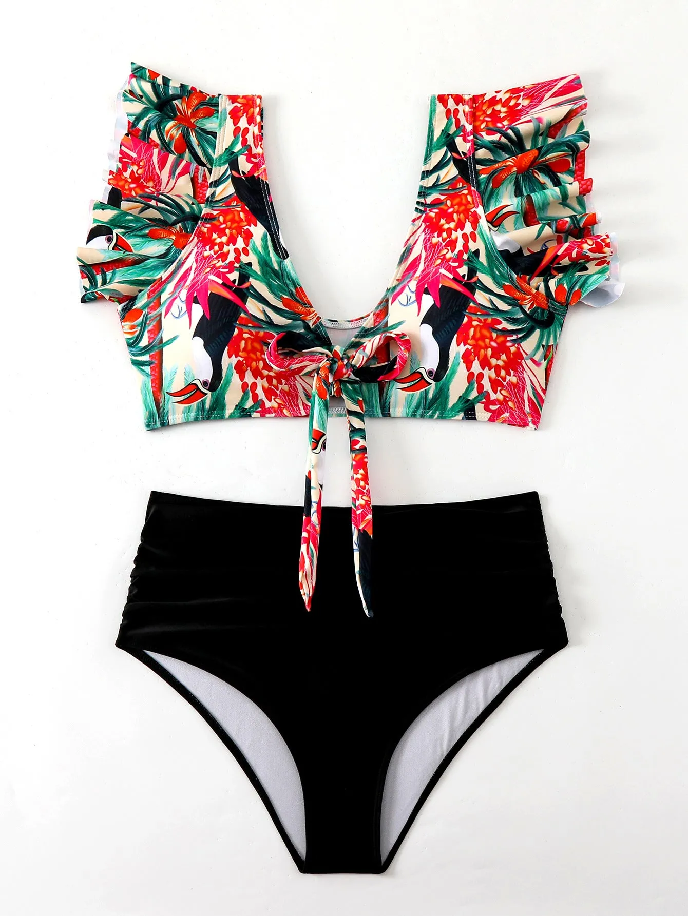 Flounced split high waist one-piece swimsuit for women in polyester, sleeveless, available in multiple colours