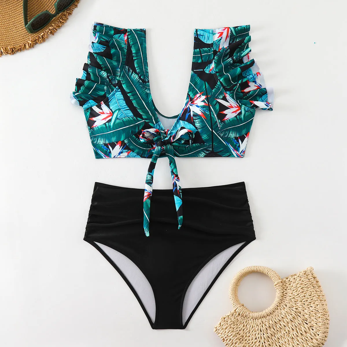 Flounced split high waist one-piece swimsuit for women in polyester, sleeveless, available in multiple colours