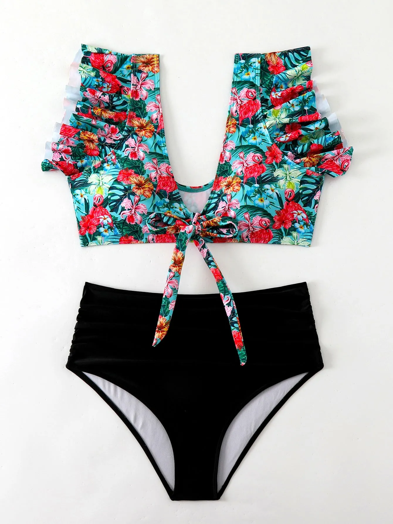 Flounced split high waist one-piece swimsuit for women in polyester, sleeveless, available in multiple colours