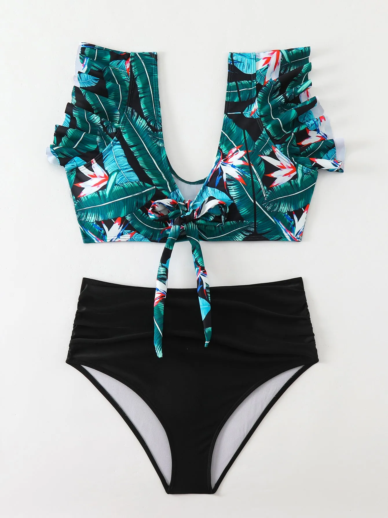 Flounced split high waist one-piece swimsuit for women in polyester, sleeveless, available in multiple colours