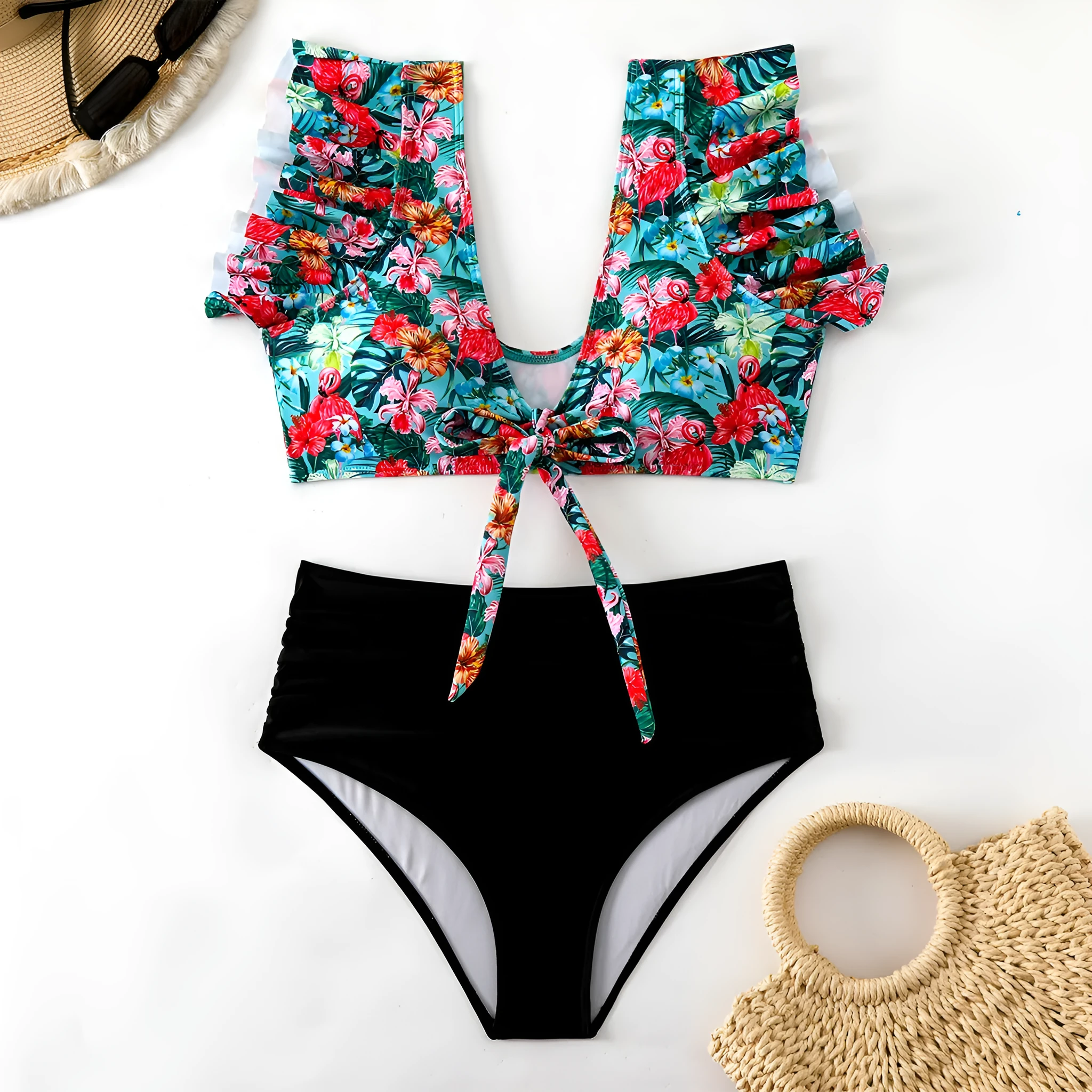 Flounced split high waist one-piece swimsuit for women in polyester, sleeveless, available in multiple colours